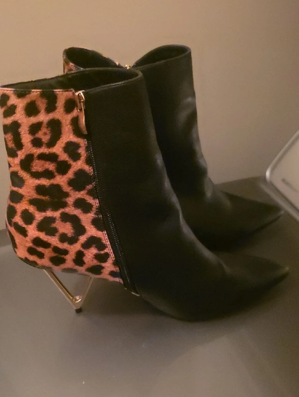 Women's Black Pointed Ankle Boots with Leopard Side Panel